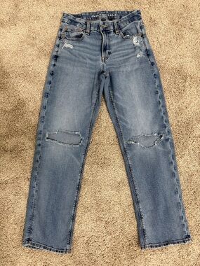 American Eagle Outfitters Medium Blue Straight-Leg Distressed Jeans